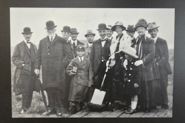Historic black and white group photograph of John Horrocks, his family and business associates at the time Leigh Spinners Mill was being developed.